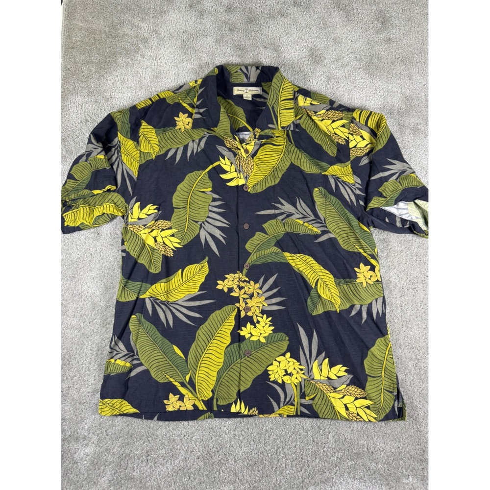 Tommy Bahama Mens XL Silk Tropical Floral Leaf Camp Shirt Navy Blue Yellow Green